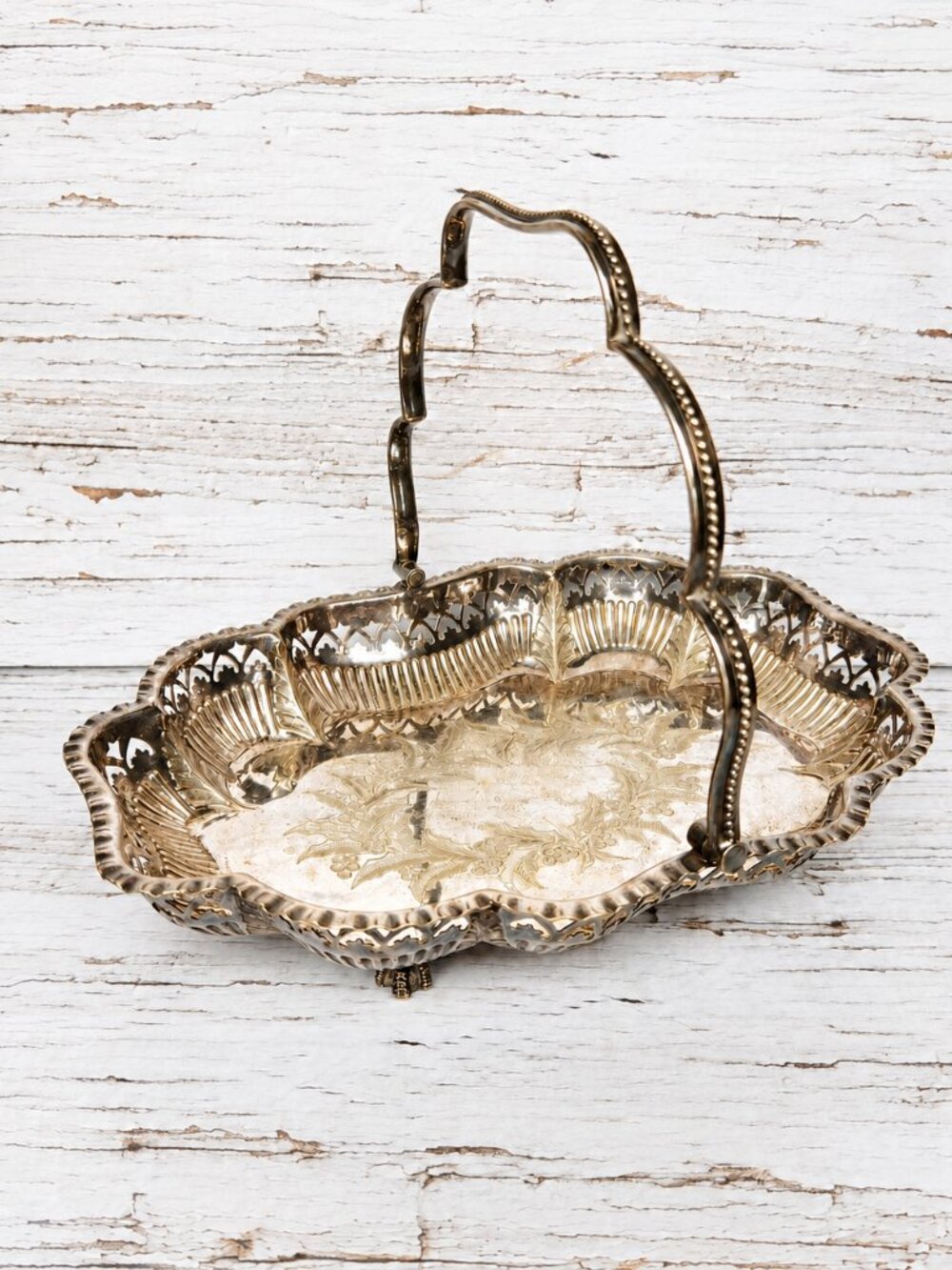 Christmas Antique Solid Silver Plate Basket with Claw Feet, Poinsettia Ornate